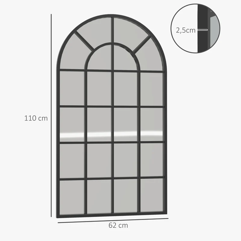Miroir verrière forme arche 110 x 65 x 2.5 cm éclaire et agrandit la pièce style industriel esprit atelier en métal noir 21_0001291