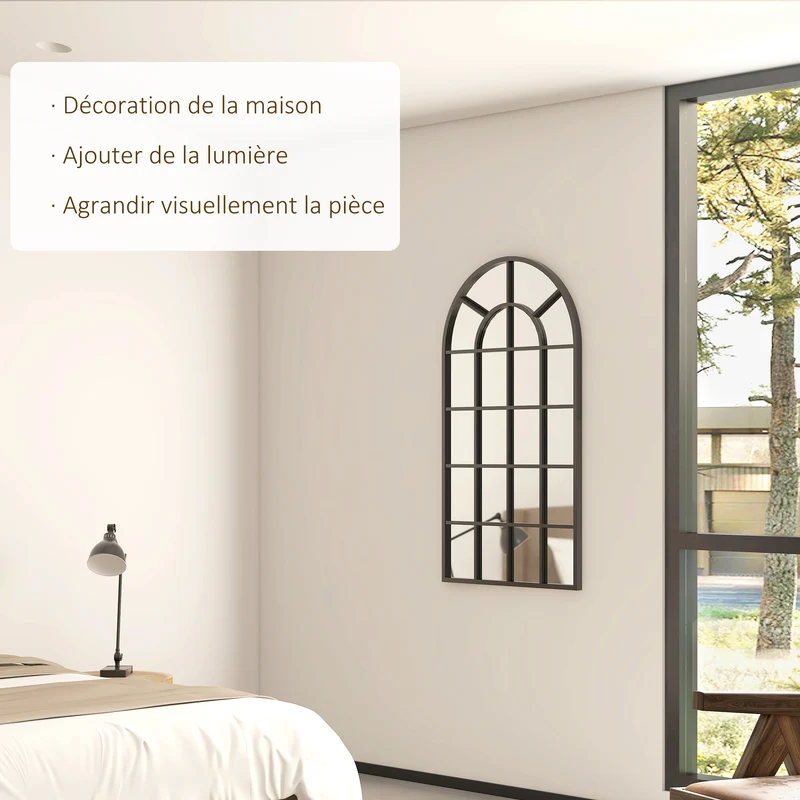Miroir verrière forme arche 110 x 65 x 2.5 cm éclaire et agrandit la pièce style industriel esprit atelier en métal noir 21_0001291