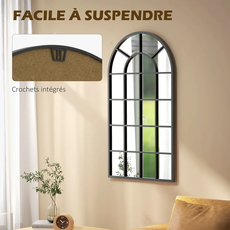 Miroir verrière forme arche 110 x 65 x 2.5 cm éclaire et agrandit la pièce style industriel esprit atelier en métal noir 21_0001291