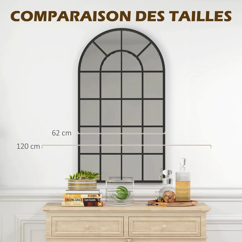 Miroir verrière forme arche 110 x 65 x 2.5 cm éclaire et agrandit la pièce style industriel esprit atelier en métal noir 21_0001291
