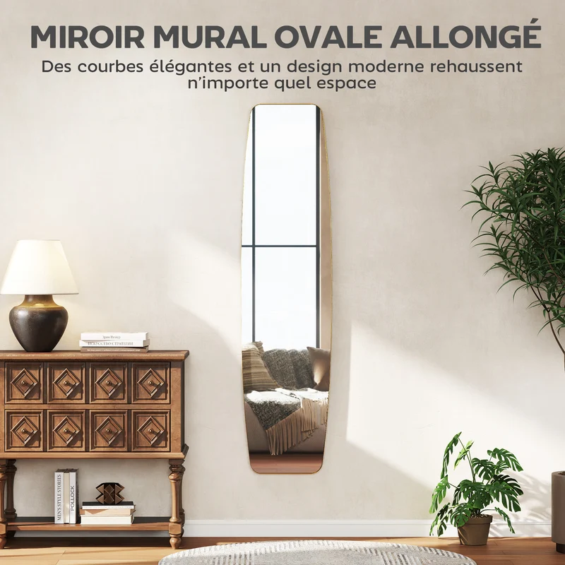 Miroir mural ovale pleine hauteur 160 x 40 cm reflet clair fidèle montage rapide style moderne élégant en métal doré 21_0003715