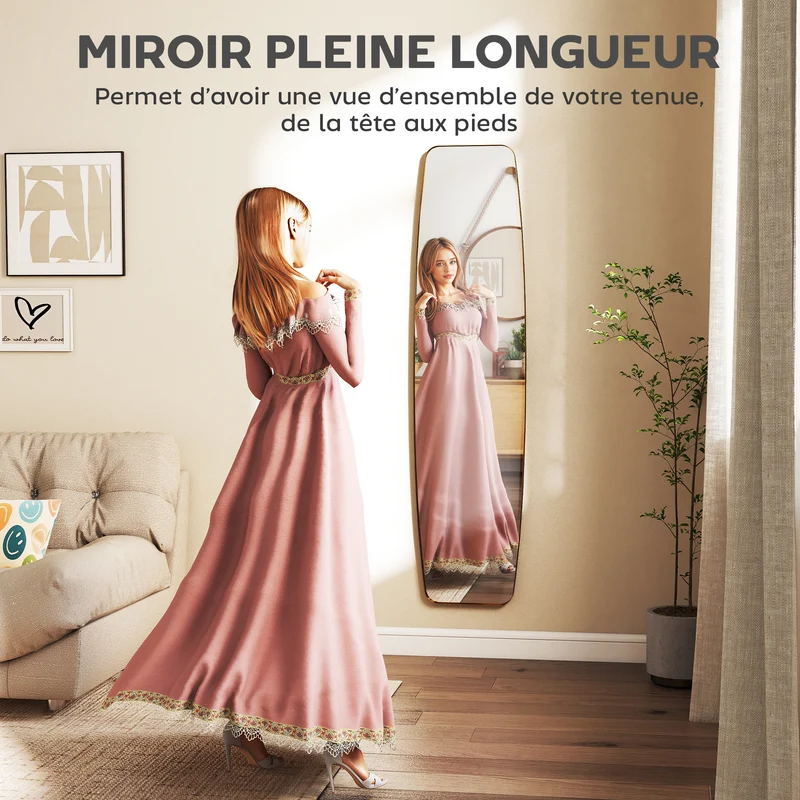 Miroir mural ovale pleine hauteur 160 x 40 cm reflet clair fidèle montage rapide style moderne élégant en métal doré 21_0003715
