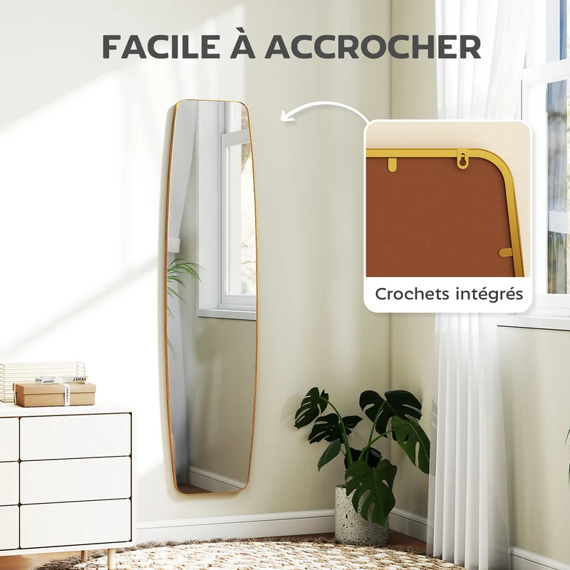 Miroir mural ovale pleine hauteur 160 x 40 cm reflet clair fidèle montage rapide style moderne élégant en métal doré 21_0003715
