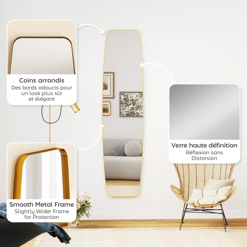 Miroir mural ovale pleine hauteur 160 x 40 cm reflet clair fidèle montage rapide style moderne élégant en métal doré 21_0003715
