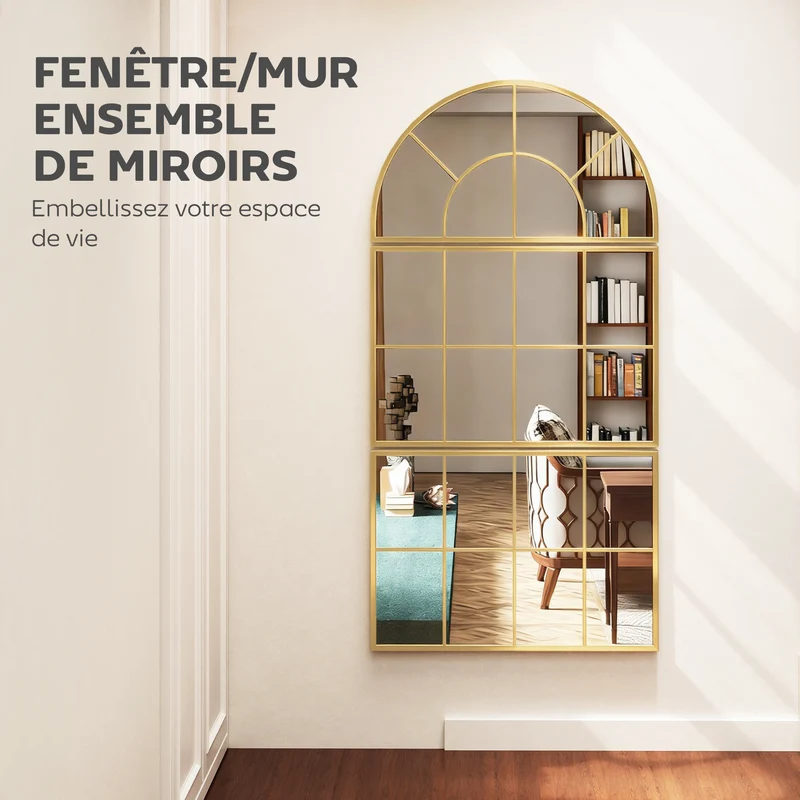 Miroir mural arqué forme fenêtre 76 x 150 x 2 cm agrandit l'espace installation facile moderne contemporain en métal or 21_0001390
