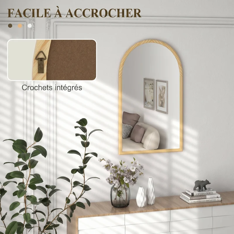Miroir mural arche cadre bois massif 110 x 65 cm installation facile sécurité anti éclats scandinave en bois naturel 21_0001371
