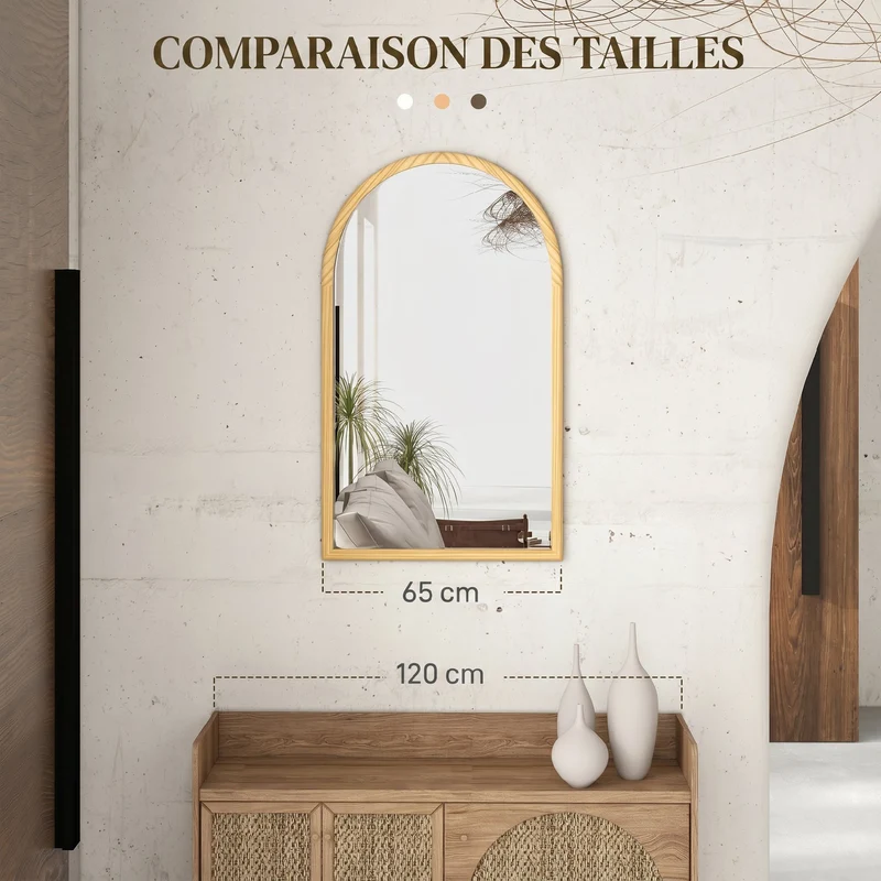 Miroir mural arche cadre bois massif 110 x 65 cm installation facile sécurité anti éclats scandinave en bois naturel 21_0001371