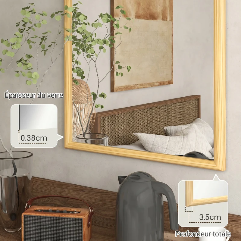 Miroir mural arche cadre bois massif 110 x 65 cm installation facile sécurité anti éclats scandinave en bois naturel 21_0001371