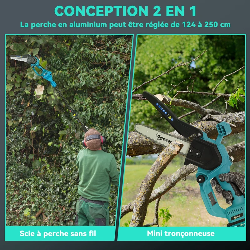 Mini tronçonneuse élagueuse 2 en 1 avec perche 42 x 29 x 10.5 cm autonomie prolongée coupe rapide moderne en métal bleu 21_0005578