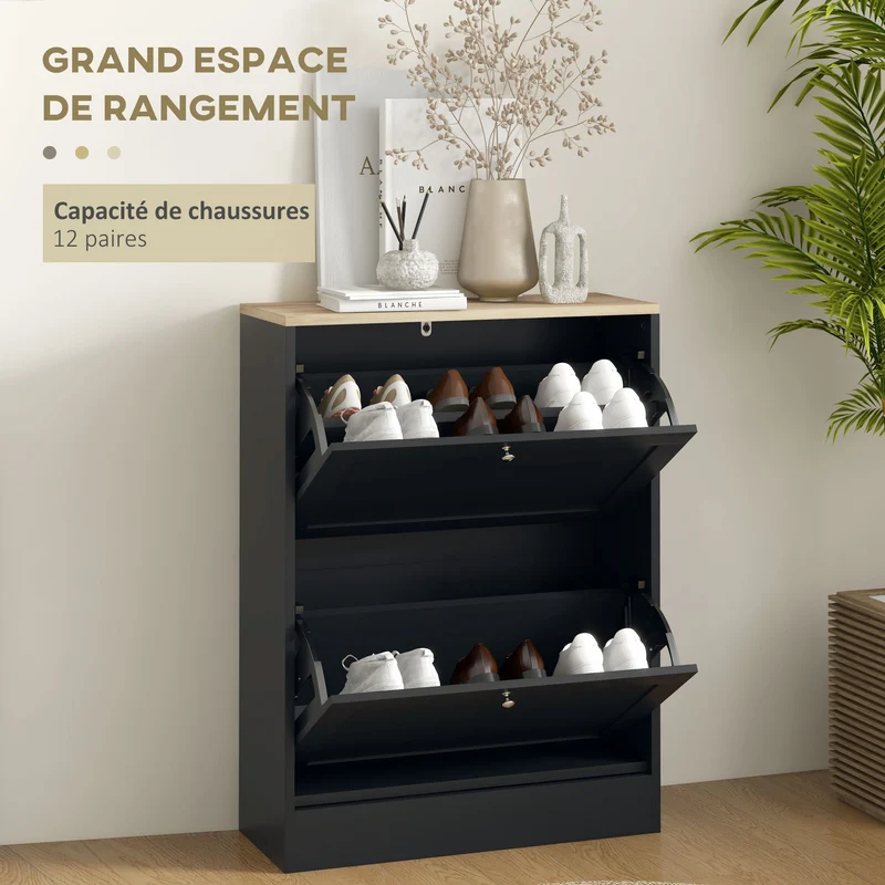 Meuble à chaussures étroit 60 x 23,5 x 80 cm 2 tiroirs étagères réglables moderne épuré en panneau de particules noir 21_0002723
