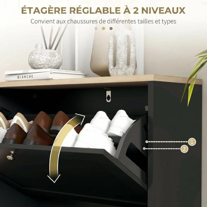Meuble à chaussures étroit 60 x 23,5 x 80 cm 2 tiroirs étagères réglables moderne épuré en panneau de particules noir 21_0002723