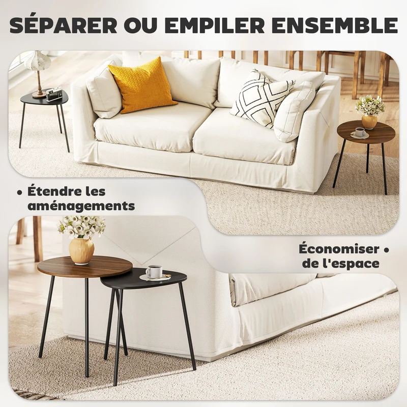 Lot de 2 tables basses gigognes 45 x 47 cm et 42 x 44 x 44 cm stables gain de place contemporain scandinave en MDF noyer 21_0003575