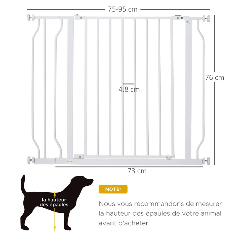 Lot de 2 barrière de sécurité animaux 95 x 4 x 76 cm réglable 75-95 cm double verrouillage moderne épuré en acier blanc 21_0007508
