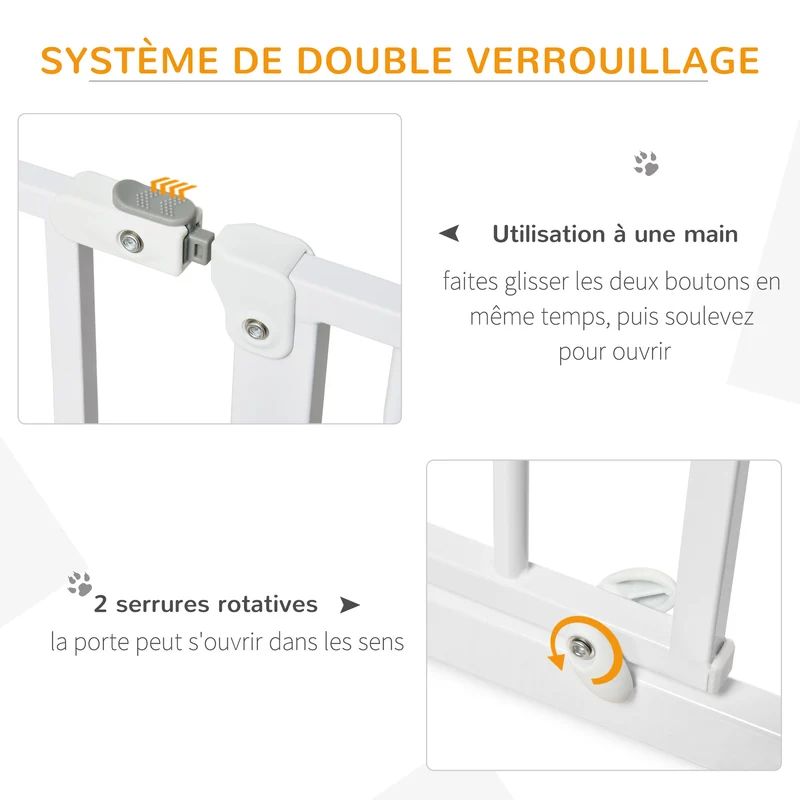 Lot de 2 barrière de sécurité animaux 95 x 4 x 76 cm réglable 75-95 cm double verrouillage moderne épuré en acier blanc 21_0007508