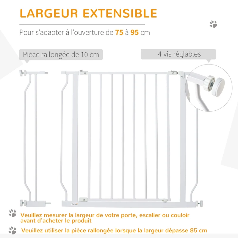 Lot de 2 barrière de sécurité animaux 95 x 4 x 76 cm réglable 75-95 cm double verrouillage moderne épuré en acier blanc 21_0007508