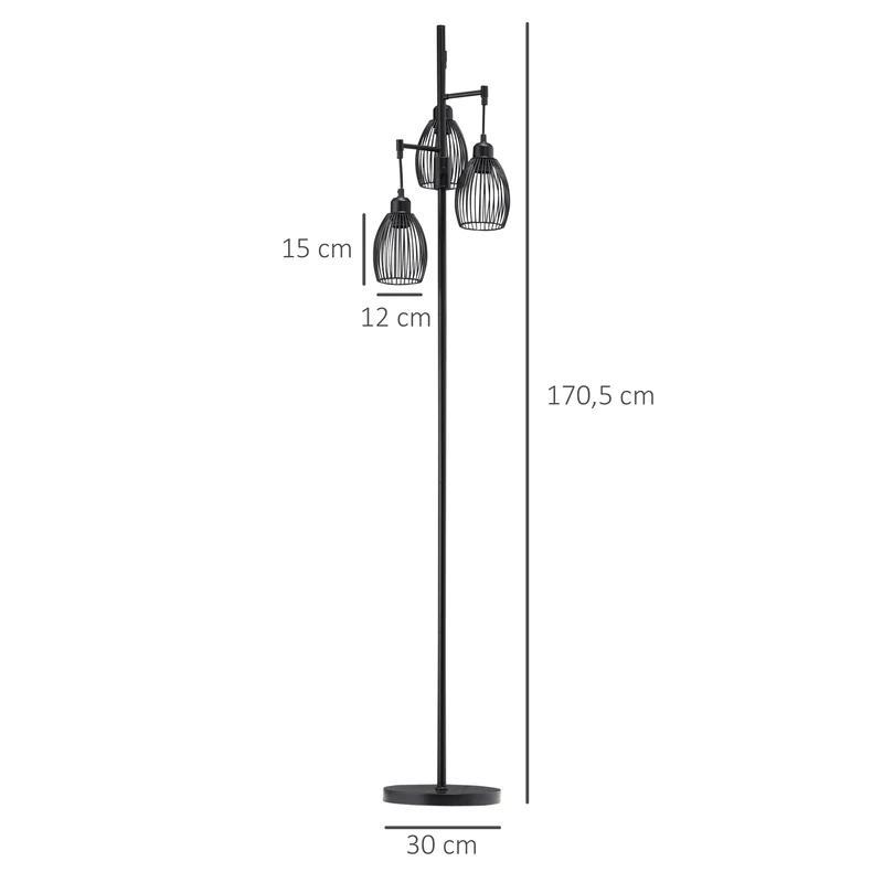 Lampadaire sur pied trois abat-jours 30 x 30 x 170.5 cm luminosité réglable idéale pour lecture industriel en acier noir 21_0007025