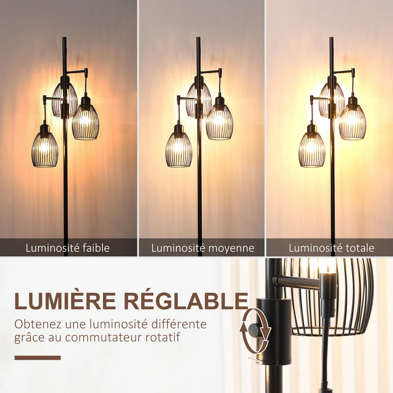 Lampadaire sur pied trois abat-jours 30 x 30 x 170.5 cm luminosité réglable idéale pour lecture industriel en acier noir 21_0007025