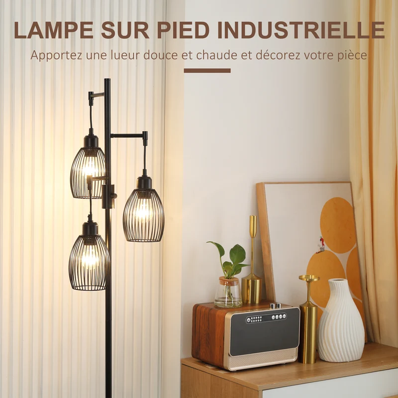 Lampadaire sur pied trois abat-jours 30 x 30 x 170.5 cm luminosité réglable idéale pour lecture industriel en acier noir 21_0007025
