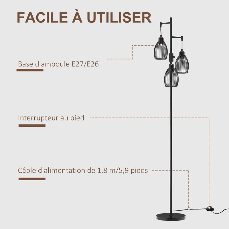 Lampadaire sur pied trois abat-jours 30 x 30 x 170.5 cm luminosité réglable idéale pour lecture industriel en acier noir 21_0007025