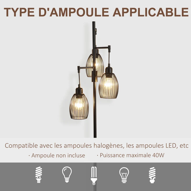 Lampadaire sur pied trois abat-jours 30 x 30 x 170.5 cm luminosité réglable idéale pour lecture industriel en acier noir 21_0007025
