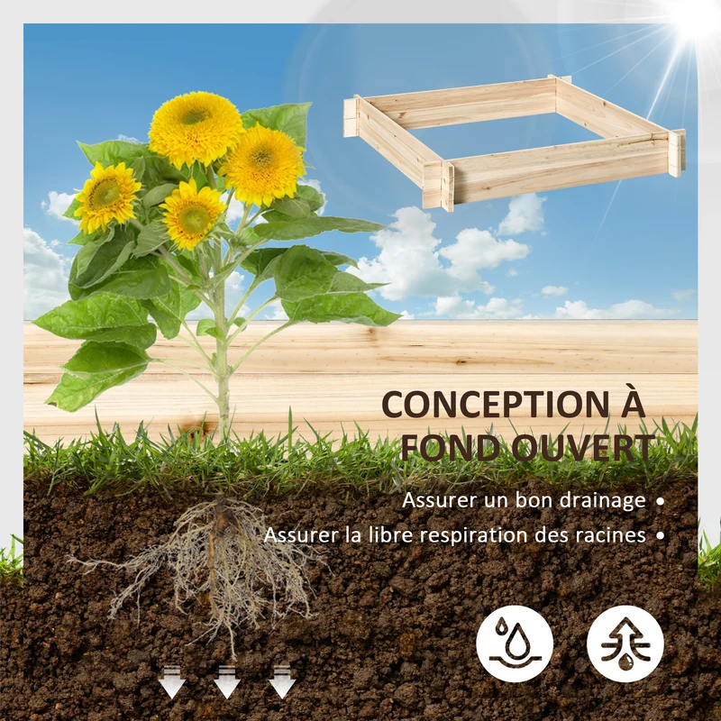 Jardinière carré potager 100 x 100 x 16 cm facile à monter sans fond idéal pour racines style rustique en bois naturel 21_0004264