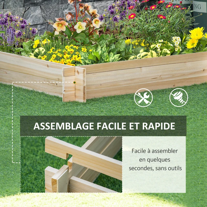 Jardinière carré potager 100 x 100 x 16 cm facile à monter sans fond idéal pour racines style rustique en bois naturel 21_0004264