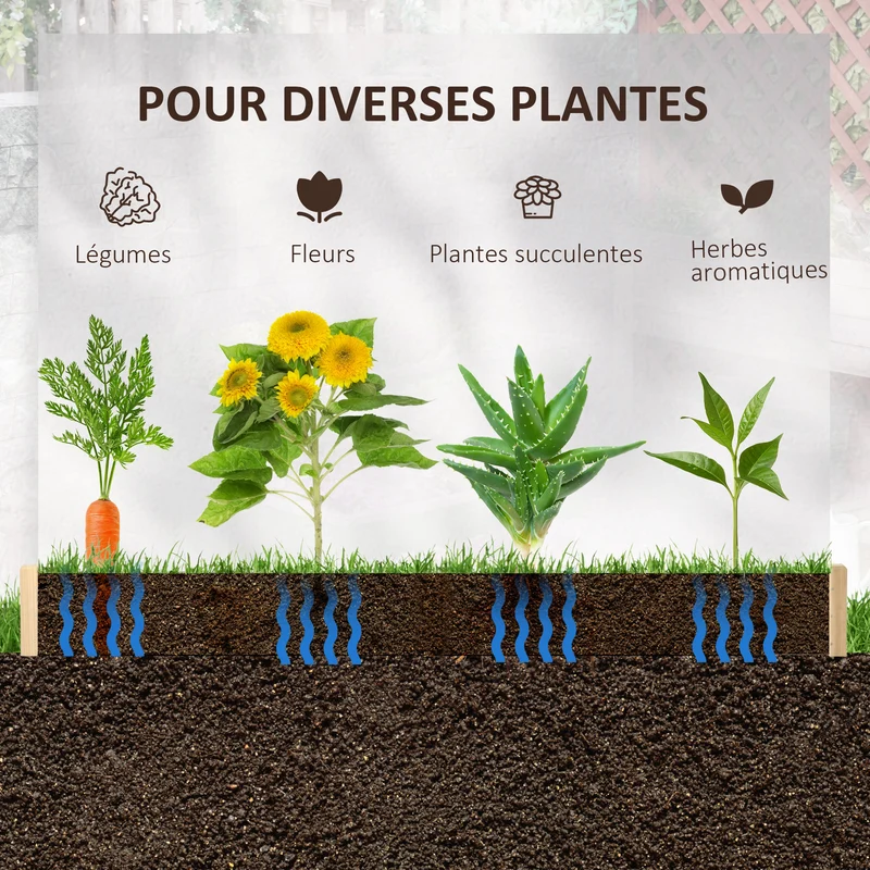 Jardinière carré potager 100 x 100 x 16 cm facile à monter sans fond idéal pour racines style rustique en bois naturel 21_0004264
