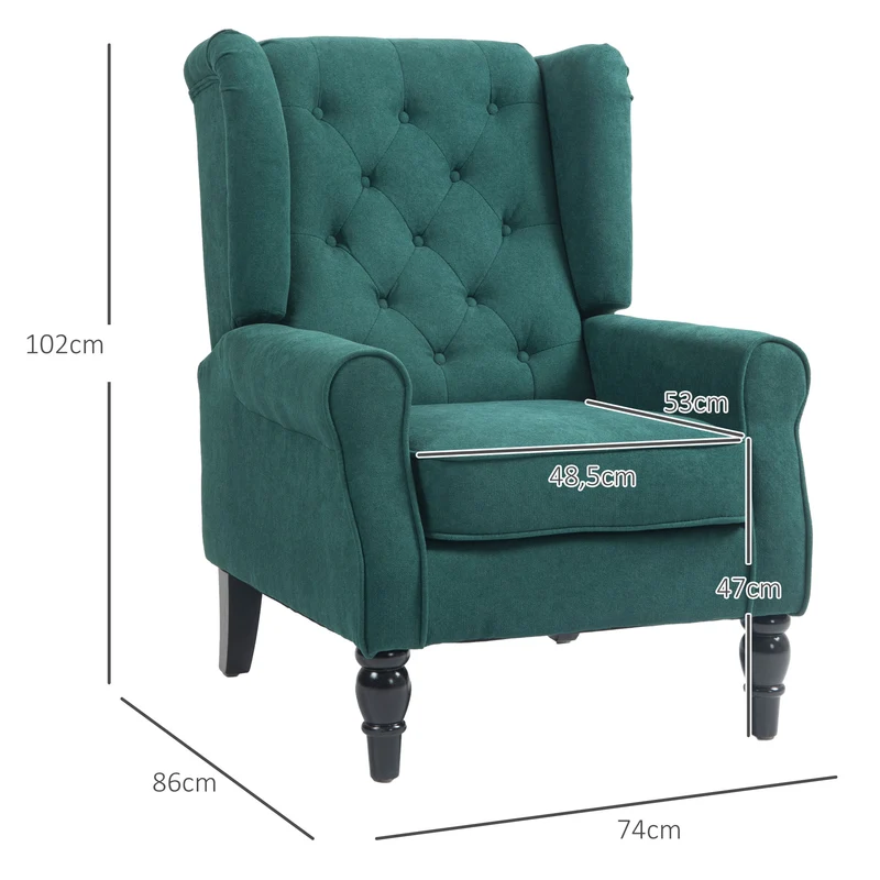 Fauteuil de salon à oreilles capitonné 74 x 86 x 102 cm assise large grand confort classique élégant en polyester vert 21_0001767