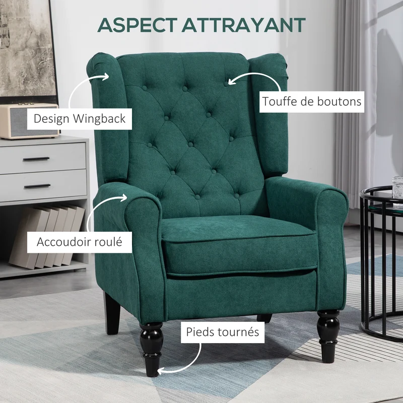 Fauteuil de salon à oreilles capitonné 74 x 86 x 102 cm assise large grand confort classique élégant en polyester vert 21_0001767