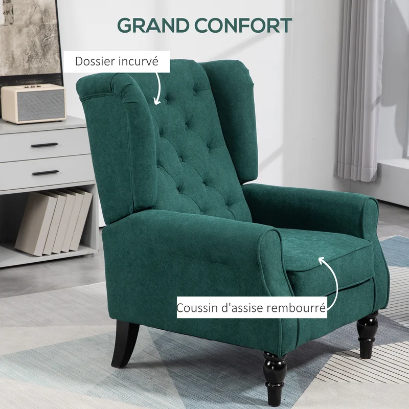 Fauteuil de salon à oreilles capitonné 74 x 86 x 102 cm assise large grand confort classique élégant en polyester vert 21_0001767
