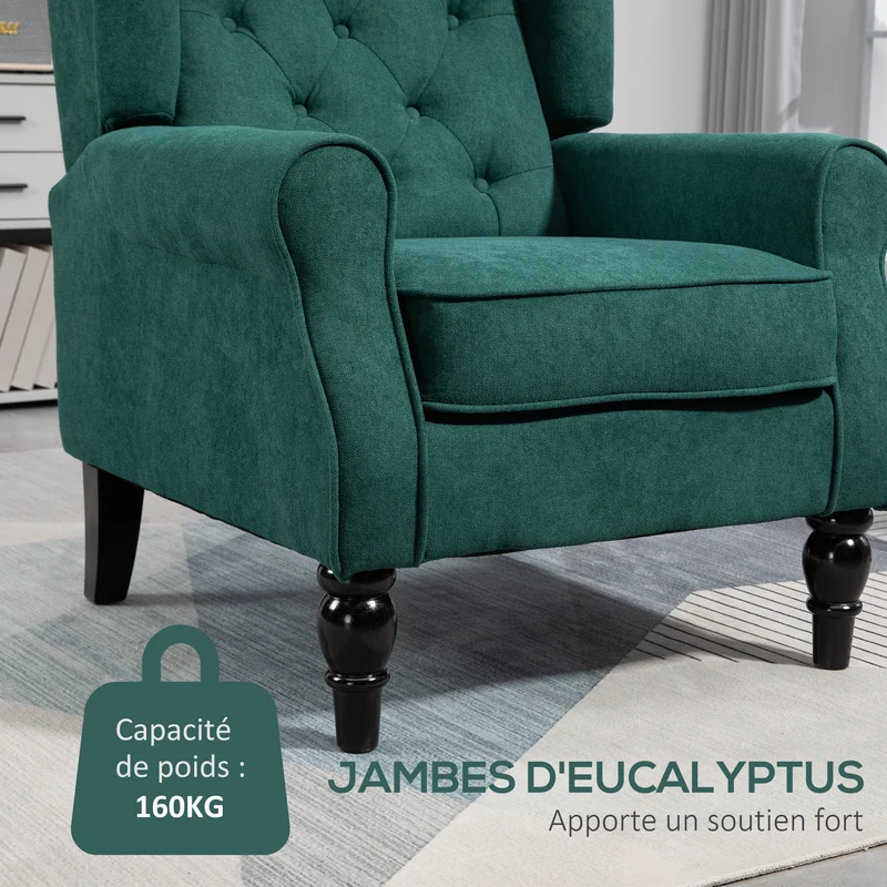 Fauteuil de salon à oreilles capitonné 74 x 86 x 102 cm assise large grand confort classique élégant en polyester vert 21_0001767