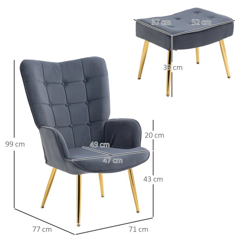 Fauteuil avec repose-pied salon dossier haut capitonné 71 x 77 x 99 cm assise large confort design en velours gris foncé 21_0003121