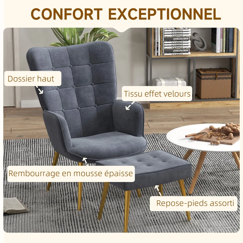 Fauteuil avec repose-pied salon dossier haut capitonné 71 x 77 x 99 cm assise large confort design en velours gris foncé 21_0003121