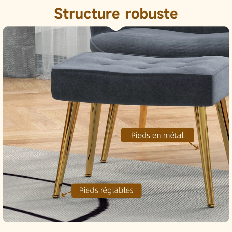 Fauteuil avec repose-pied salon dossier haut capitonné 71 x 77 x 99 cm assise large confort design en velours gris foncé 21_0003121