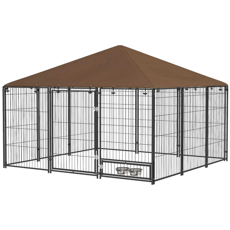 Chenil extérieur pour chiens enclos 211 x 141 x 151 cm sécurisé support gamelle abri pliable moderne en acier marron 21_0007285