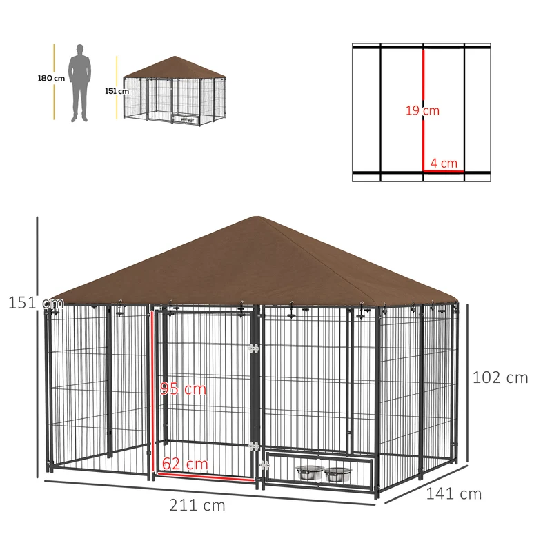 Chenil extérieur pour chiens enclos 211 x 141 x 151 cm sécurisé support gamelle abri pliable moderne en acier marron 21_0007285