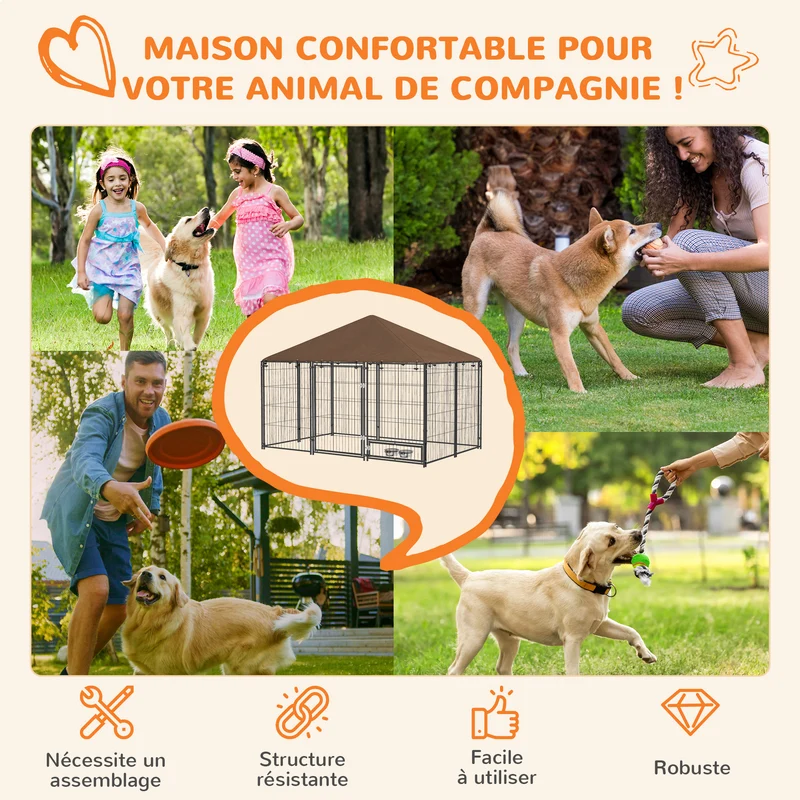 Chenil extérieur pour chiens enclos 211 x 141 x 151 cm sécurisé support gamelle abri pliable moderne en acier marron 21_0007285