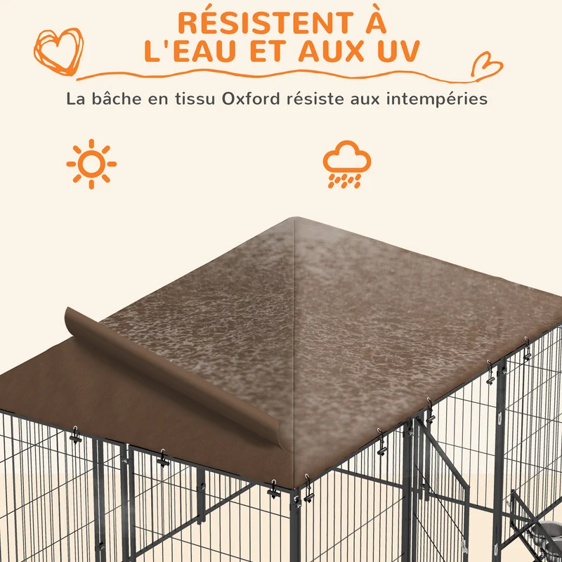 Chenil extérieur pour chiens enclos 211 x 141 x 151 cm sécurisé support gamelle abri pliable moderne en acier marron 21_0007285