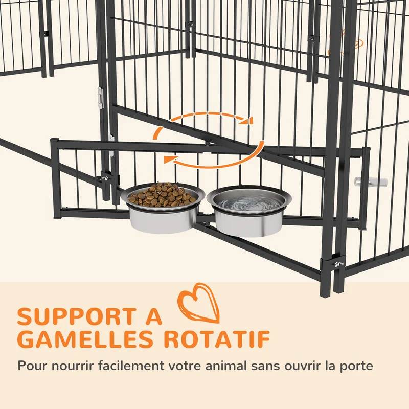 Chenil extérieur pour chiens enclos 211 x 141 x 151 cm sécurisé support gamelle abri pliable moderne en acier marron 21_0007285