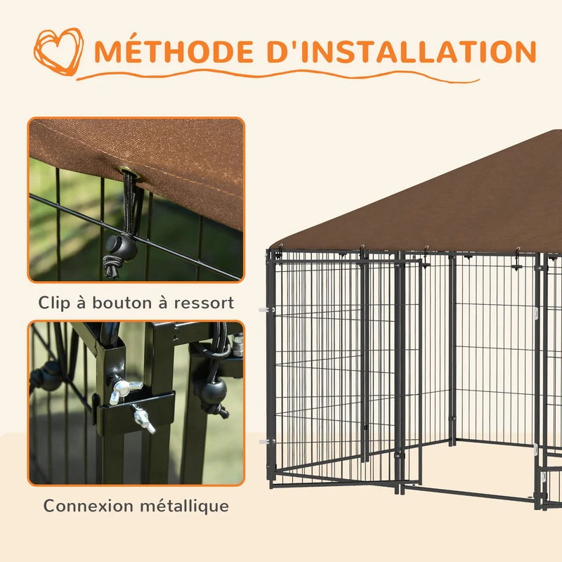 Chenil extérieur pour chiens enclos 211 x 141 x 151 cm sécurisé support gamelle abri pliable moderne en acier marron 21_0007285