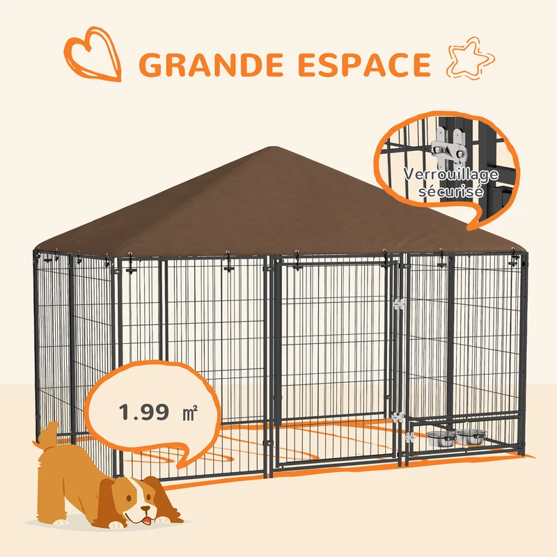 Chenil extérieur pour chiens enclos 211 x 141 x 151 cm sécurisé support gamelle abri pliable moderne en acier marron 21_0007285