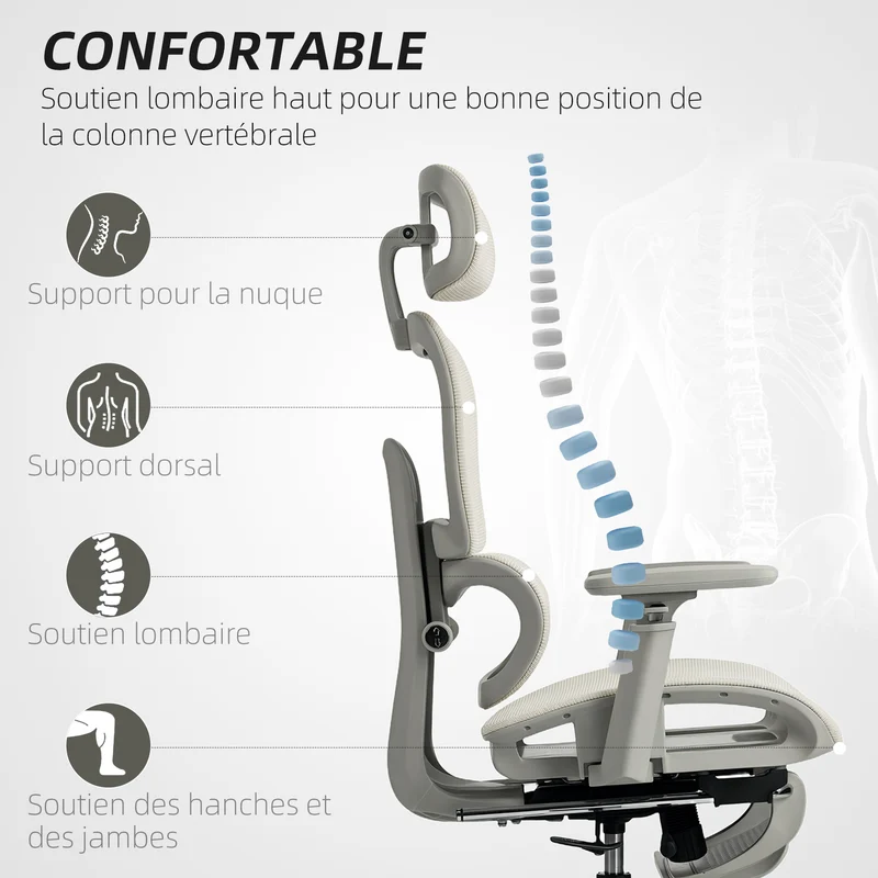 Chaise de bureau inclinable 66 x 64 x 114-122 cm soutien lombaire et appui-tête réglables moderne design en maille beige 21_0006291