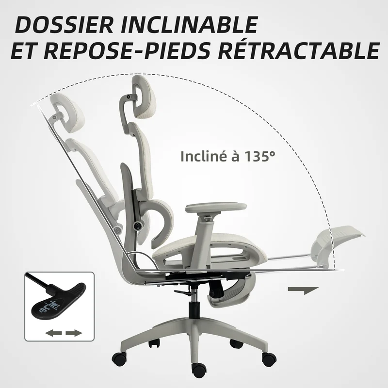 Chaise de bureau inclinable 66 x 64 x 114-122 cm soutien lombaire et appui-tête réglables moderne design en maille beige 21_0006291