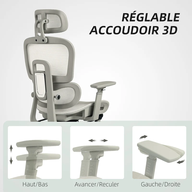 Chaise de bureau inclinable 66 x 64 x 114-122 cm soutien lombaire et appui-tête réglables moderne design en maille beige 21_0006291