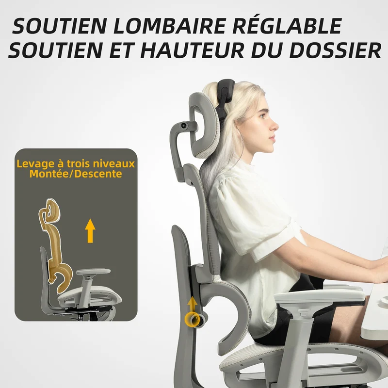 Chaise de bureau inclinable 66 x 64 x 114-122 cm soutien lombaire et appui-tête réglables moderne design en maille beige 21_0006291