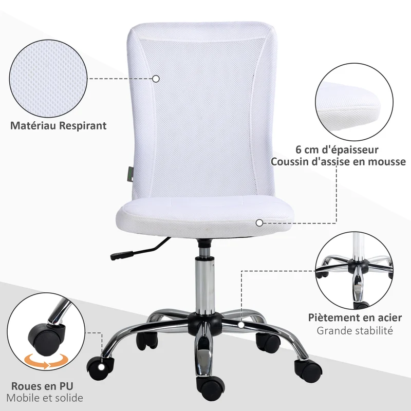 Chaise de bureau ergonomique 43 x 58 x 90-100 cm hauteur réglable 42 à 52 cm pivotant 360 degrés moderne en tissu blanc 21_0006171
