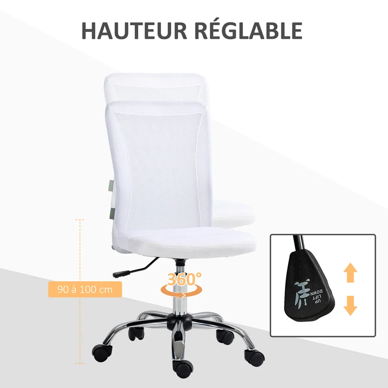 Chaise de bureau ergonomique 43 x 58 x 90-100 cm hauteur réglable 42 à 52 cm pivotant 360 degrés moderne en tissu blanc 21_0006171