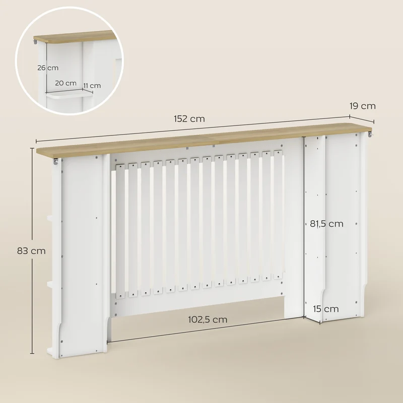 Cache-radiateur pour salon 152 x 19 x 83 cm avec étagères latérales et plateau compact stable design épuré en MDF blanc 21_0001155