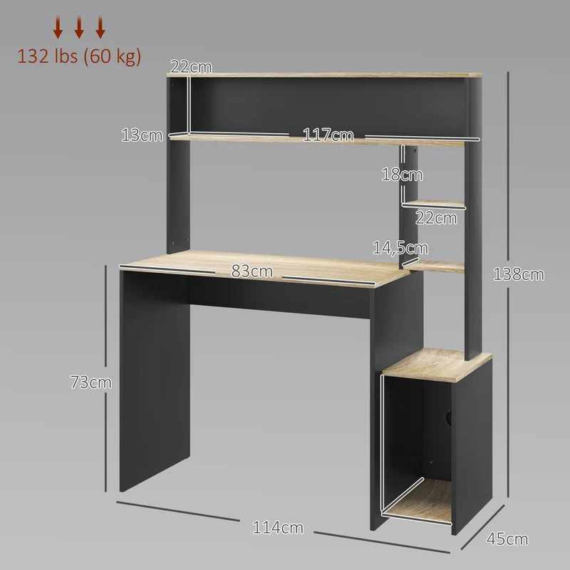 Bureau informatique 114 x 45 x 138 cm plateau rangement étagères support tour style design en panneau de particules gris 21_0006130