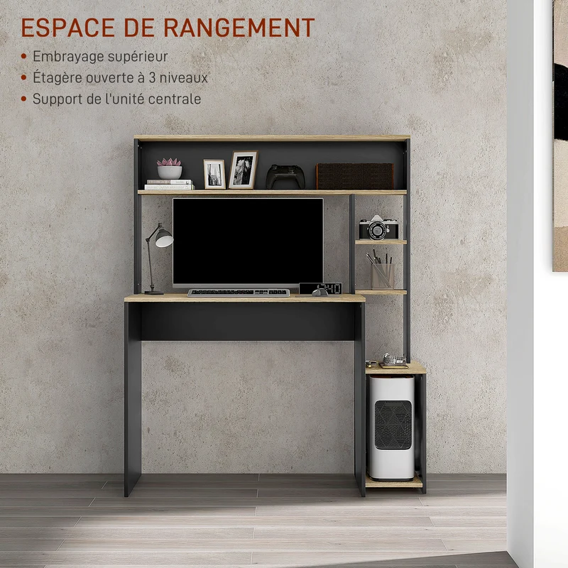 Bureau informatique 114 x 45 x 138 cm plateau rangement étagères support tour style design en panneau de particules gris 21_0006130